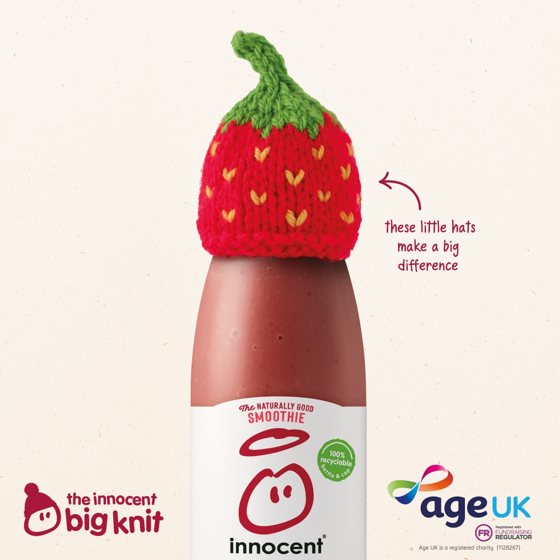 Here's a smoothie bottle with a strawberry hat on it. It's got an arrow pointing at it with the text "these little hats make a big difference". 